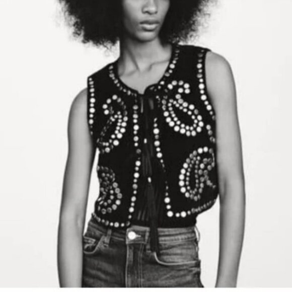 Zara Black Studded Velvet Vest, NWT, XS-S - Picture 2 of 12